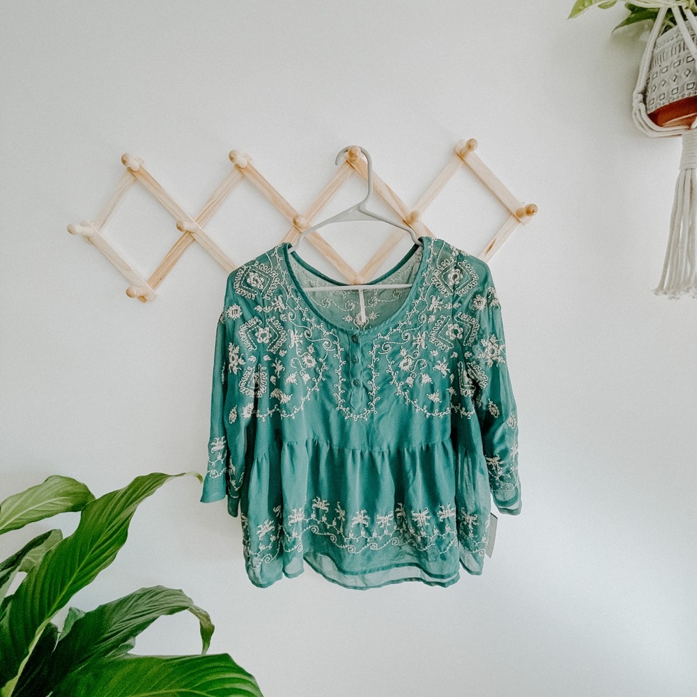 Free People Embroidered Teal Peplum Peasant Top